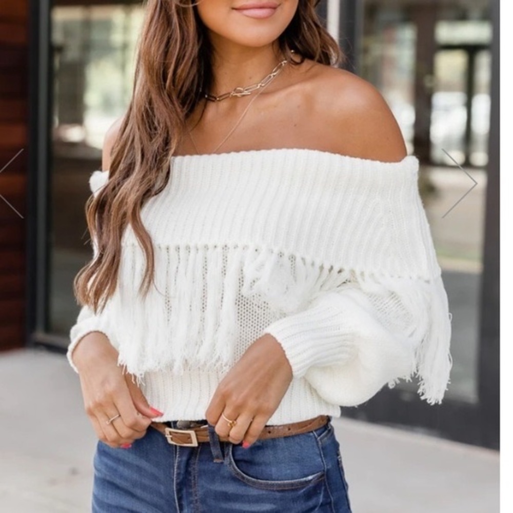 Ivory Fringe Off the Shoulder Sweater